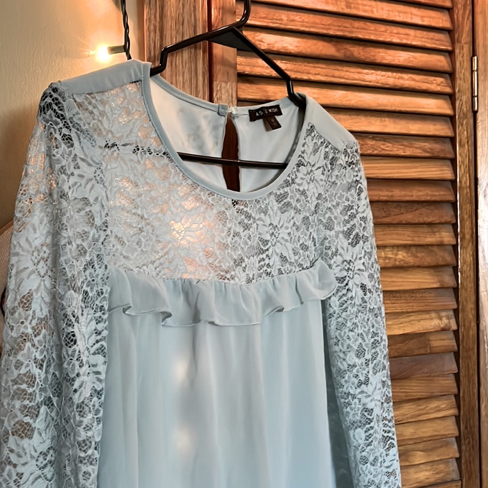 A light blue shirt or a short dress, with long lace sleeves, AS U WISH, size M